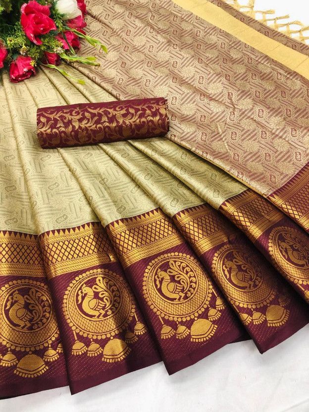 Self Design Banarasi Jacquard, Cotton Silk Saree  (Gold, Maroon, Cream)