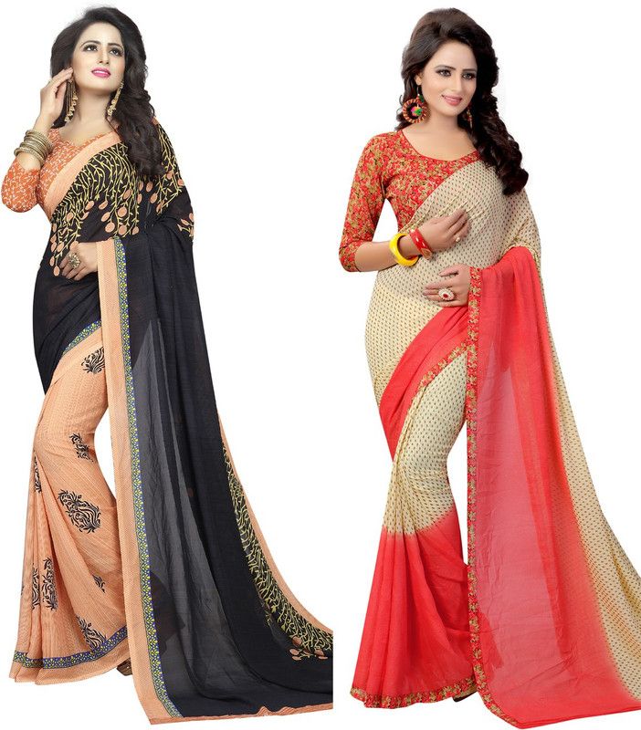 Printed Bollywood Georgette Saree  (Pack of 2, Red, Black)