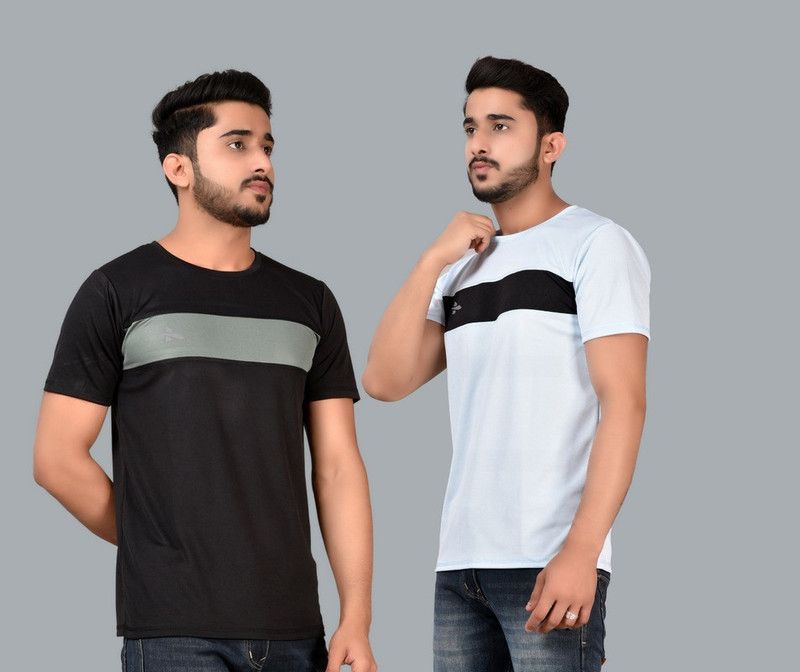 Pack of 2 Men Striped Round Neck Polyester Black T-Shirt