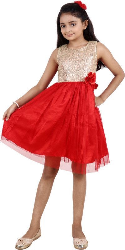 Girls Short/Mid Thigh Casual Dress  (Gold, Sleeveless)
