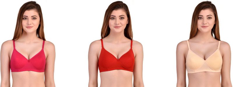 Pack of 3 Women Full Coverage Lightly Padded Bra  (Red, Beige)