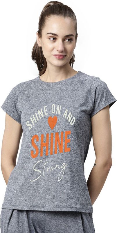 Women Printed Round Neck Cotton Blend Grey, Silver T-Shirt