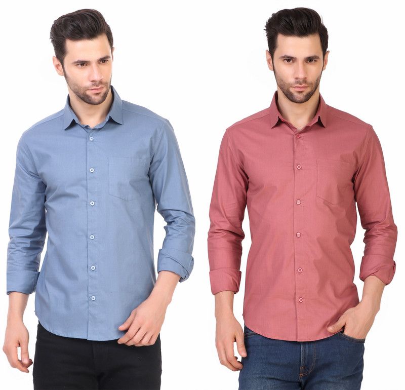 Men Solid Casual Pink, Blue Shirt  (Pack of 2)