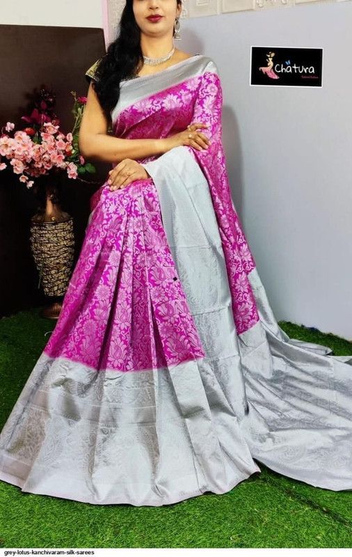 Printed, Self Design, Temple Border, Embroidered, Woven, Floral Print, Solid/Plain Dharmavaram Jacquard, Pure Silk Saree  (Silver, Pink)