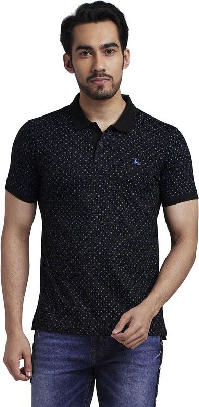 Men Printed Polo Neck Pure Cotton Blue, Black T-Shirt