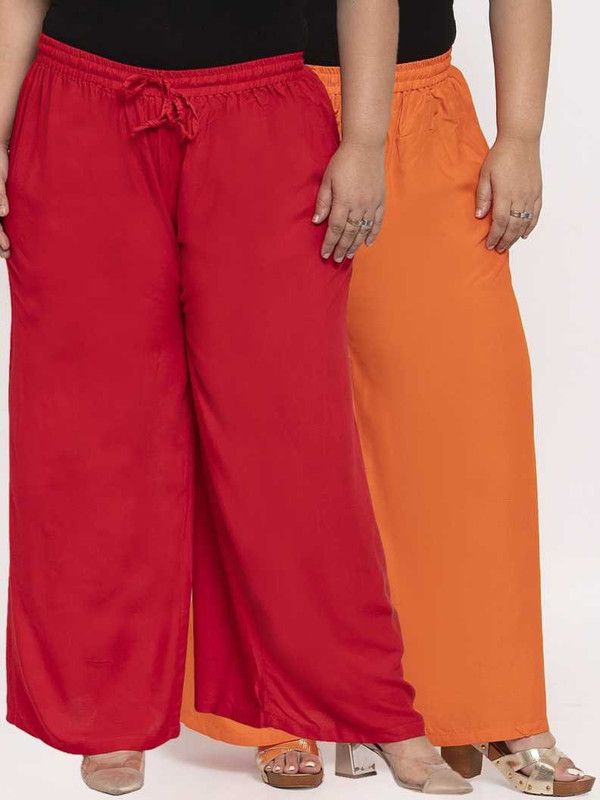 Pack of 2 Women Regular Fit Red, Orange Viscose Rayon Trousers