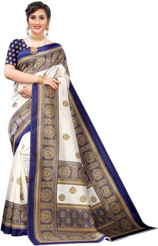Printed Fashion Art Silk Saree  (Blue, White)