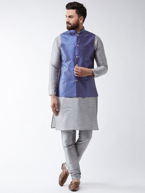 Men Silk Blend Ethnic Jacket, Kurta and Churidar/Legging Set