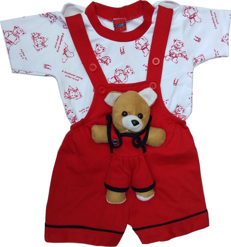 Dungaree For Boys & Girls Party Printed Cotton Blend  (Red, Pack of 1)