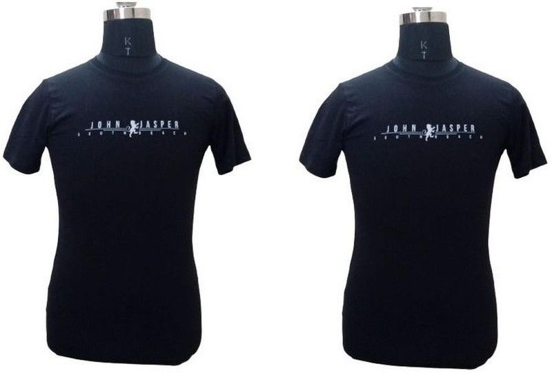 Pack of 2 Men Self Design Round Neck Cotton Blend Black T-Shirt