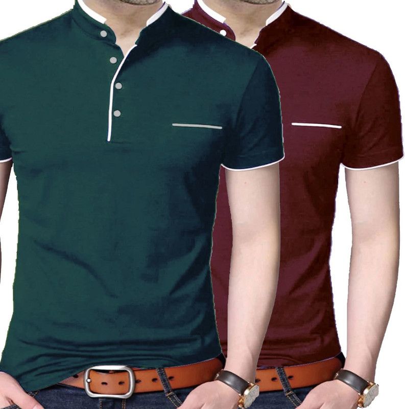 Pack of 2 Men Solid Mandarin Collar Cotton Blend Green, Maroon T-Shirt