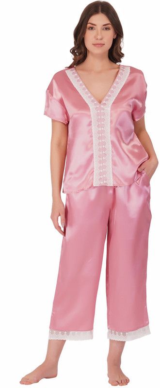 Women Top & Pyjama Set Pink Embroidered