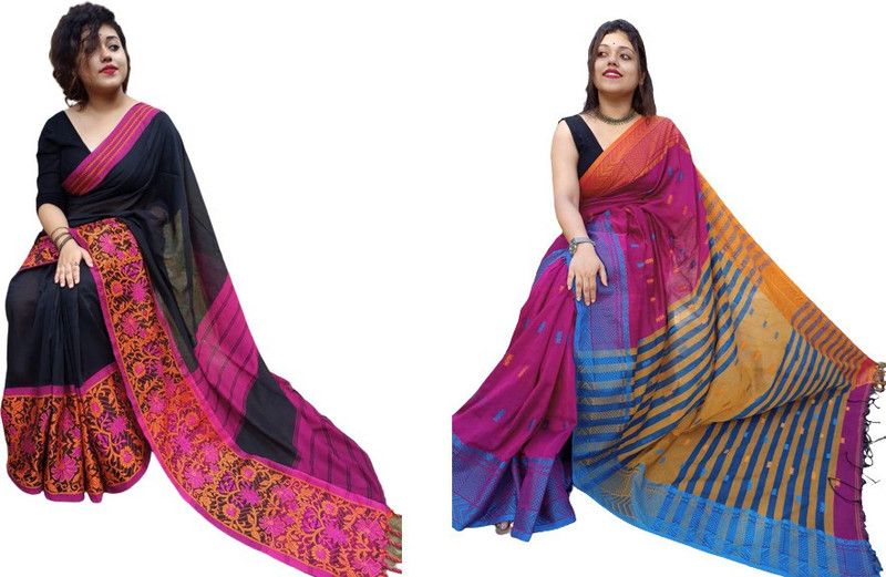 Printed Daily Wear Pure Cotton Saree  (Pack of 2, Multicolor)