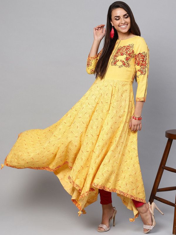 Women Printed Cotton Rayon High Low Kurta  (Multicolor)