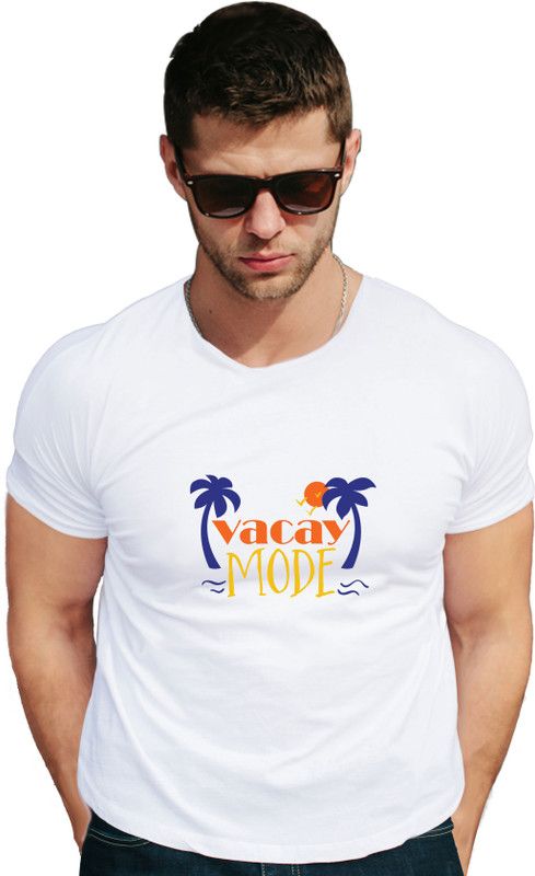Vacay mode Couple Graphic Print Round Neck Cotton Blend White T-Shirt