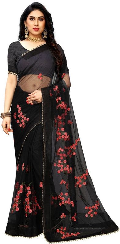 Solid Bollywood Net Saree  (Black, Pink)
