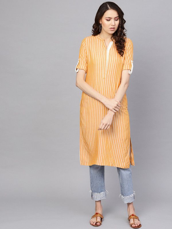 Women Striped Viscose Rayon Straight Kurta  (White, Yellow)