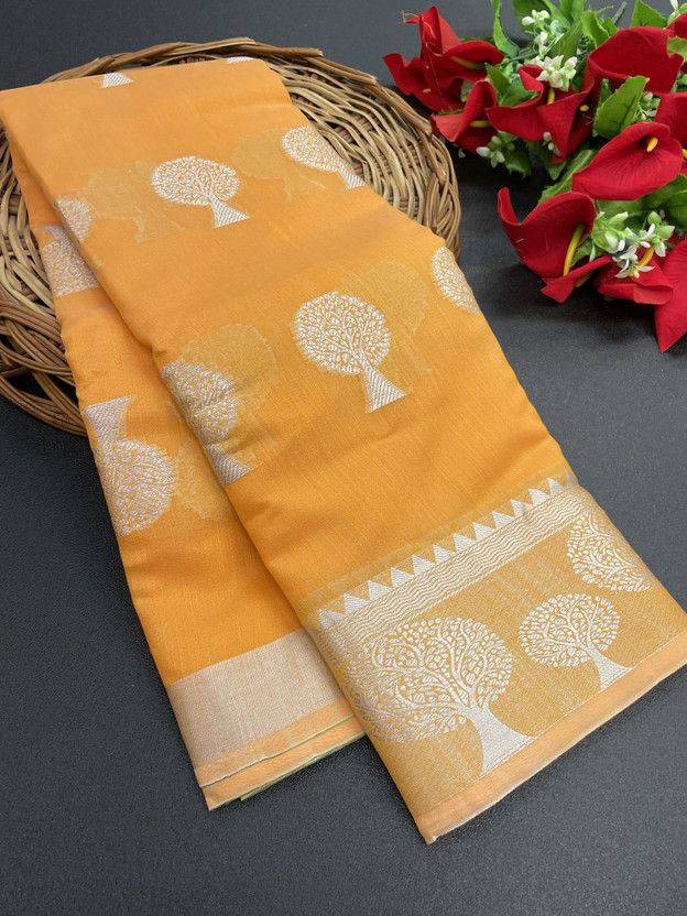 Self Design Chanderi Cotton Silk Saree  (Orange)