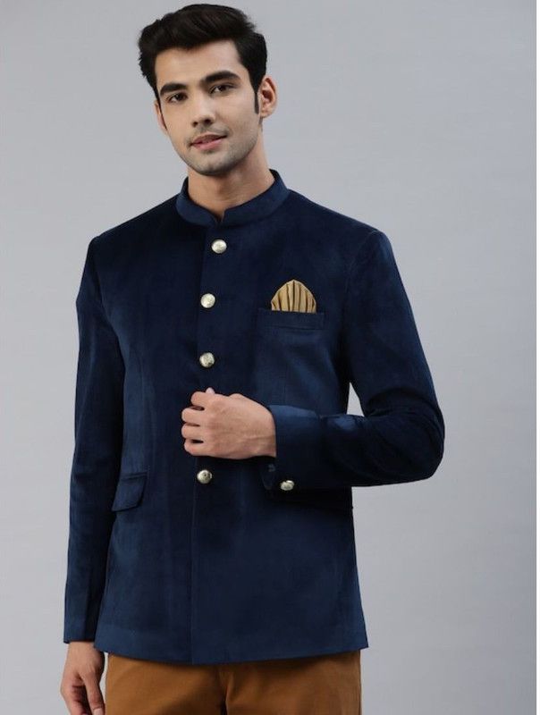 Men Solid Bandhgala Festive & Wedding Blazer  (Dark Blue)