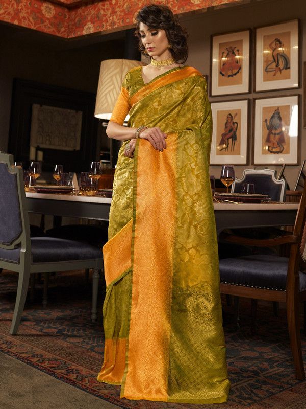 Woven Kanjivaram Silk Blend Saree  (Green, Yellow)