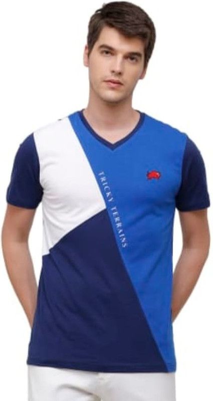Men Color Block V Neck Pure Cotton Multicolor T-Shirt