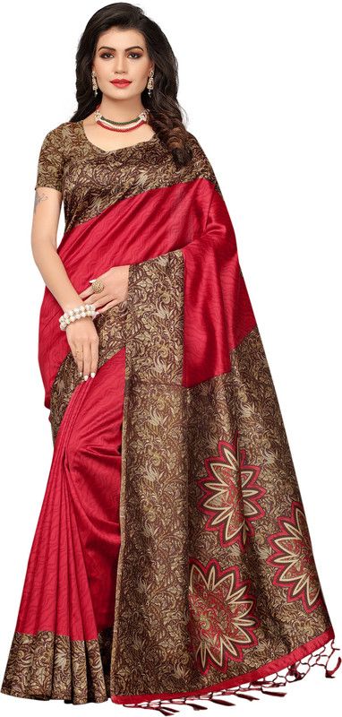 Floral Print Mysore Cotton Blend Saree  (Maroon)