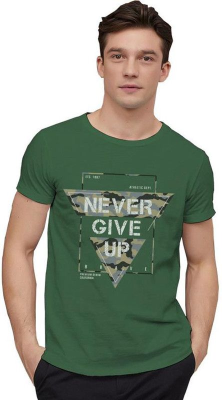 Men Printed Round Neck Cotton Blend Dark Green T-Shirt