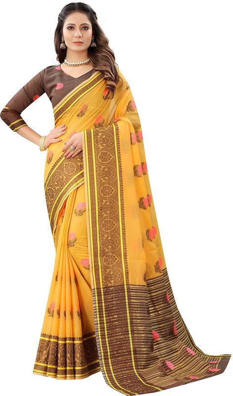 Self Design, Woven Chanderi Cotton Blend Saree  (Gold, Brown)