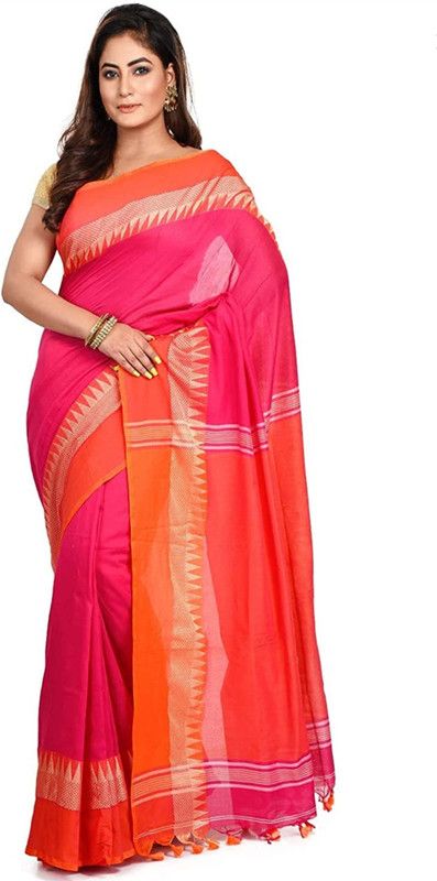 Woven Handloom Cotton Silk Saree  (Orange)