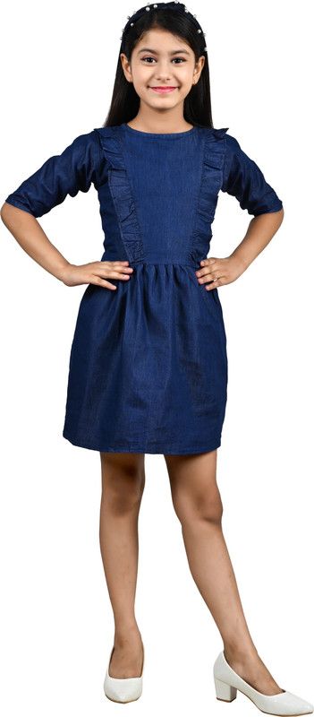 Girls Above Knee Casual Dress  (Blue, Half Sleeve)