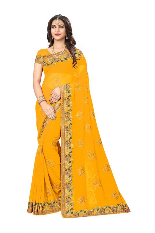 Embroidered Bollywood Georgette Saree  (Gold)