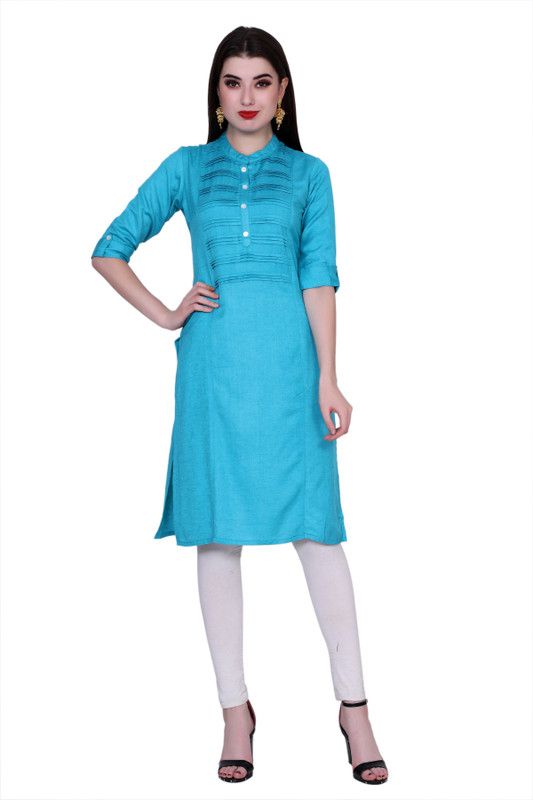 Women Self Design Pure Cotton Straight Kurta  (Light Blue)