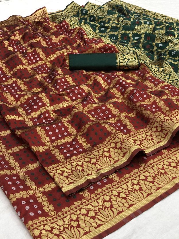 Checkered Bandhani Art Silk Saree  (Maroon)