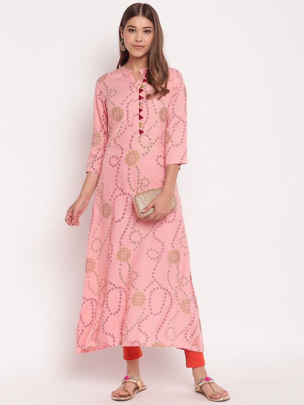Women Self Design, Printed, Floral Print Viscose Rayon A-line Kurta  (Red, Green, Pink)
