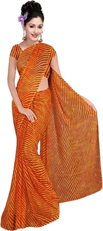 Striped Leheria Georgette Saree  (Orange)