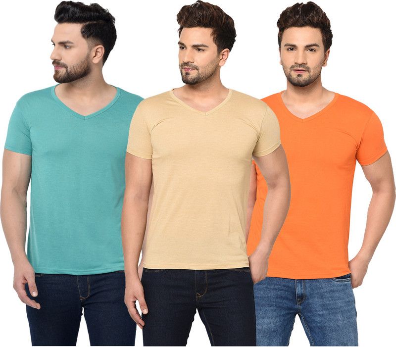 Pack of 3 Men Solid V Neck Cotton Blend Blue, Orange, Beige T-Shirt