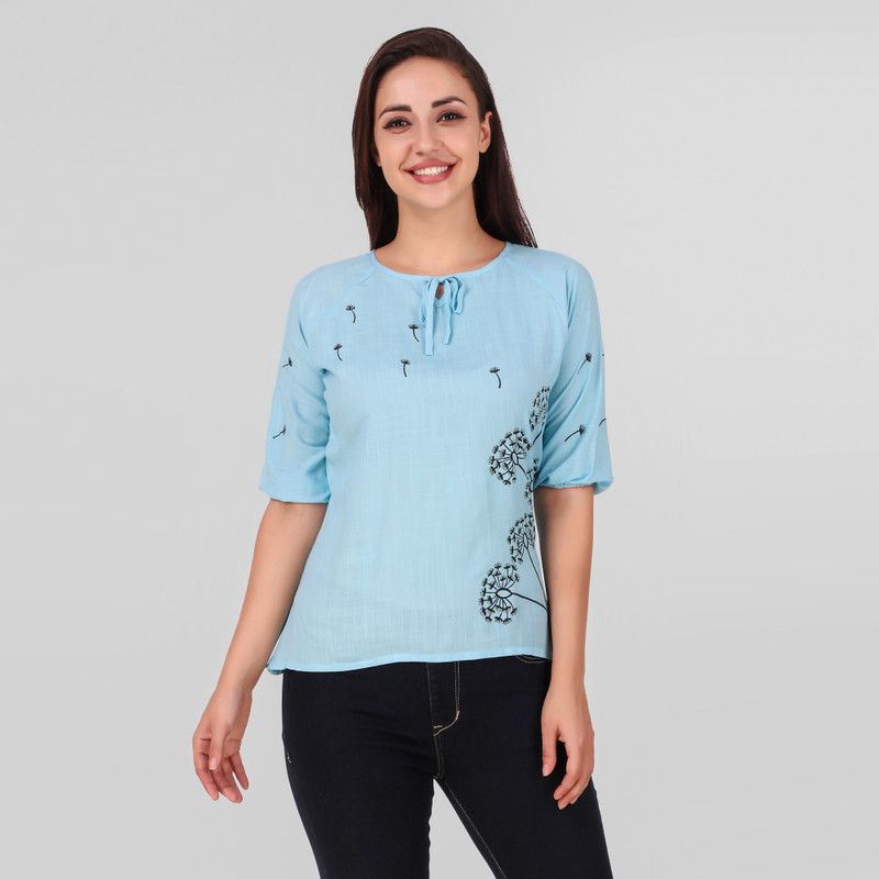Party Regular Sleeves Printed Women Light Blue Top