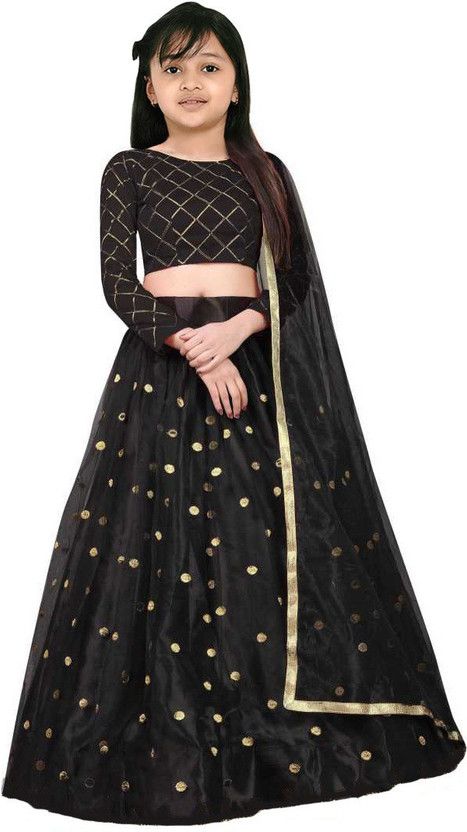 Girls Lehenga Choli Ethnic Wear Checkered Lehenga, Choli and Dupatta Set  (Black, Pack of 1)
