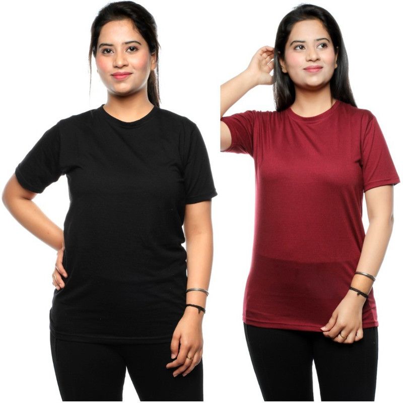 Solid Women Black, Maroon T-Shirt  (Pack of 2)