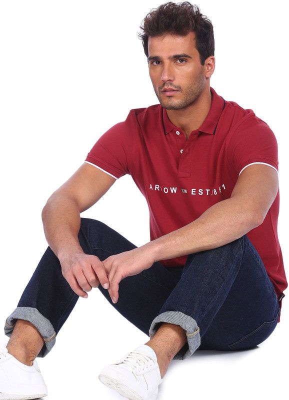 Men Solid Polo Neck Cotton Blend (230 gsm) Red T-Shirt