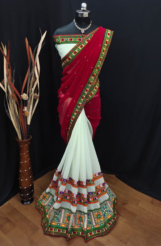 Embroidered Banarasi Georgette Saree  (White)