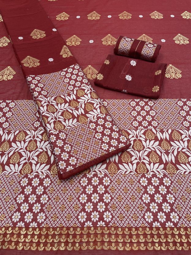 Self Design Mekhela Chador Cotton Blend Saree  (Red)