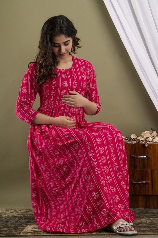 Women Bandhani Cotton Rayon Gown Kurta  (Pink)