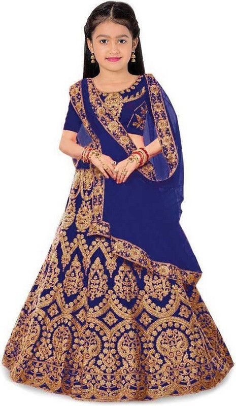 Girls Lehenga Choli Party Wear, Western Wear, Ethnic Wear, Fusion Wear Embroidered Lehenga, Choli and Dupatta Set  (Dark Blue, Pack of 1)
