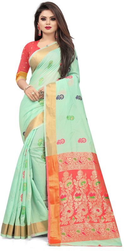 Woven, Self Design Madhubani Cotton Linen Saree  (Green)