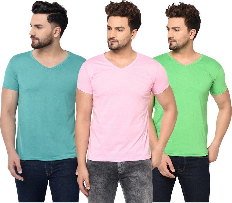 Pack of 3 Men Solid V Neck Cotton Blend Green, Blue, Pink T-Shirt