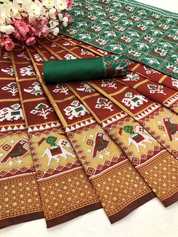 Printed Patola Cotton Silk Saree  (Maroon)