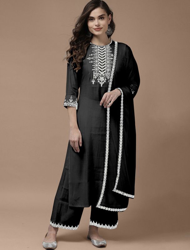Women Embroidered Viscose Rayon A-line Kurta With Attached Dupatta  (Black)