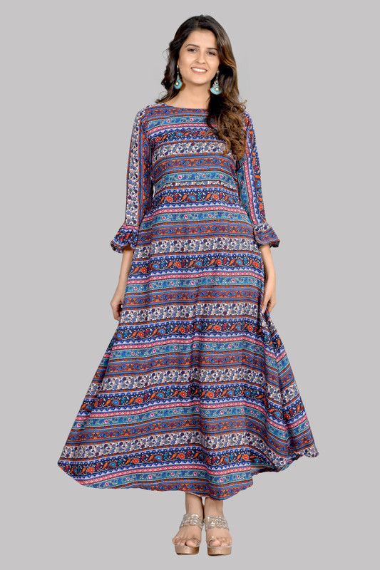 Printed Crepe Stitched Anarkali Gown  (Dark Blue)