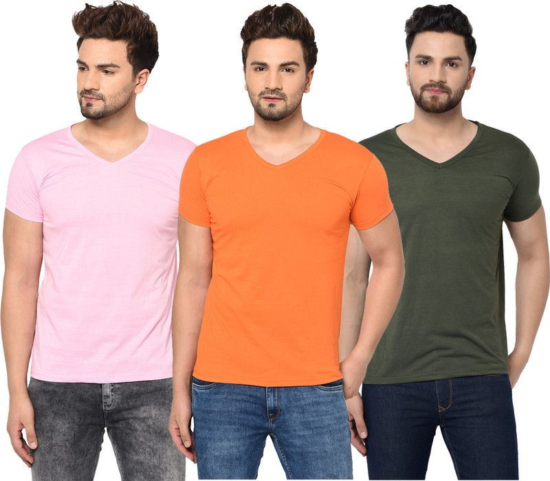 Pack of 3 Men Solid V Neck Cotton Blend Green, Pink, Orange T-Shirt